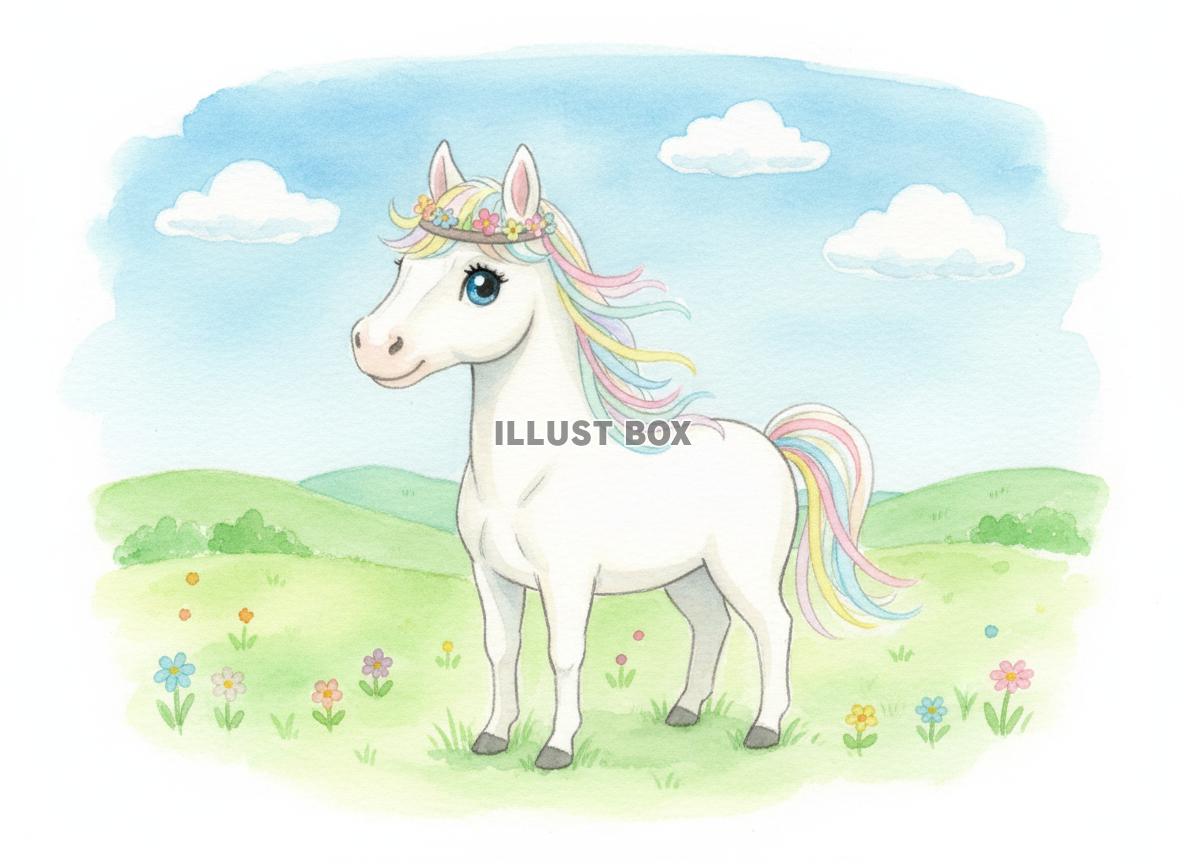 午年のイラスト 花咲く草原に立つ美しい白馬の全身像を描いた水...