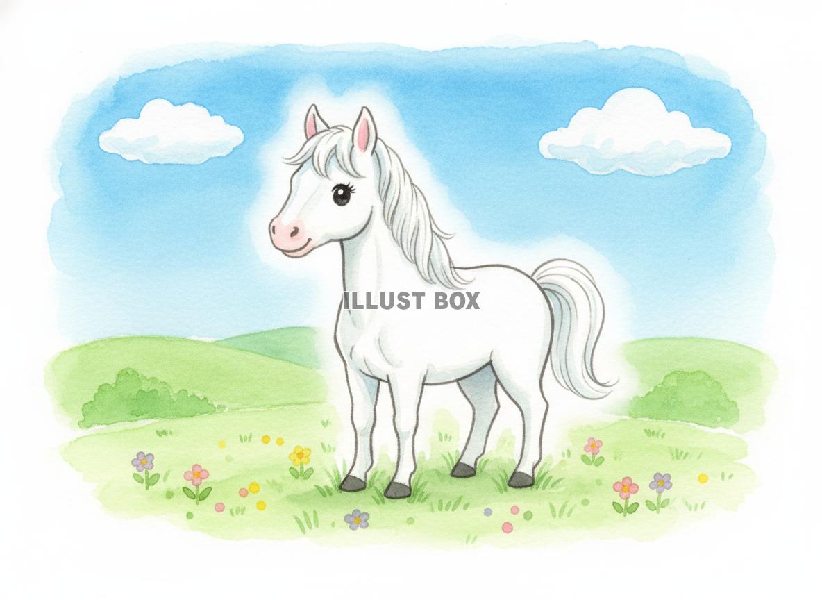 午年のイラスト 花咲く草原に立つ美しい白馬の全身像を描いた水...