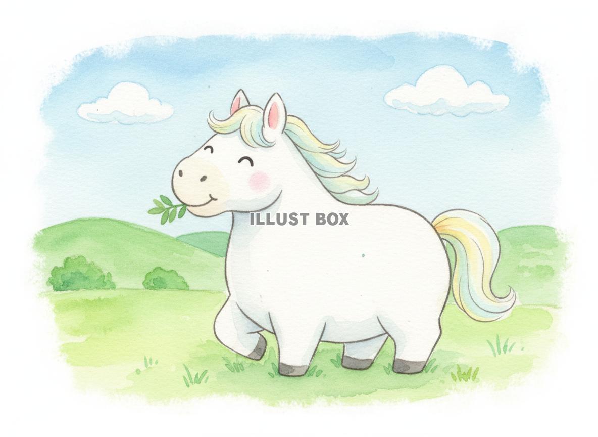 午年のイラスト 葉っぱをくわえて微笑む可愛いデフォルメ馬のゆ...