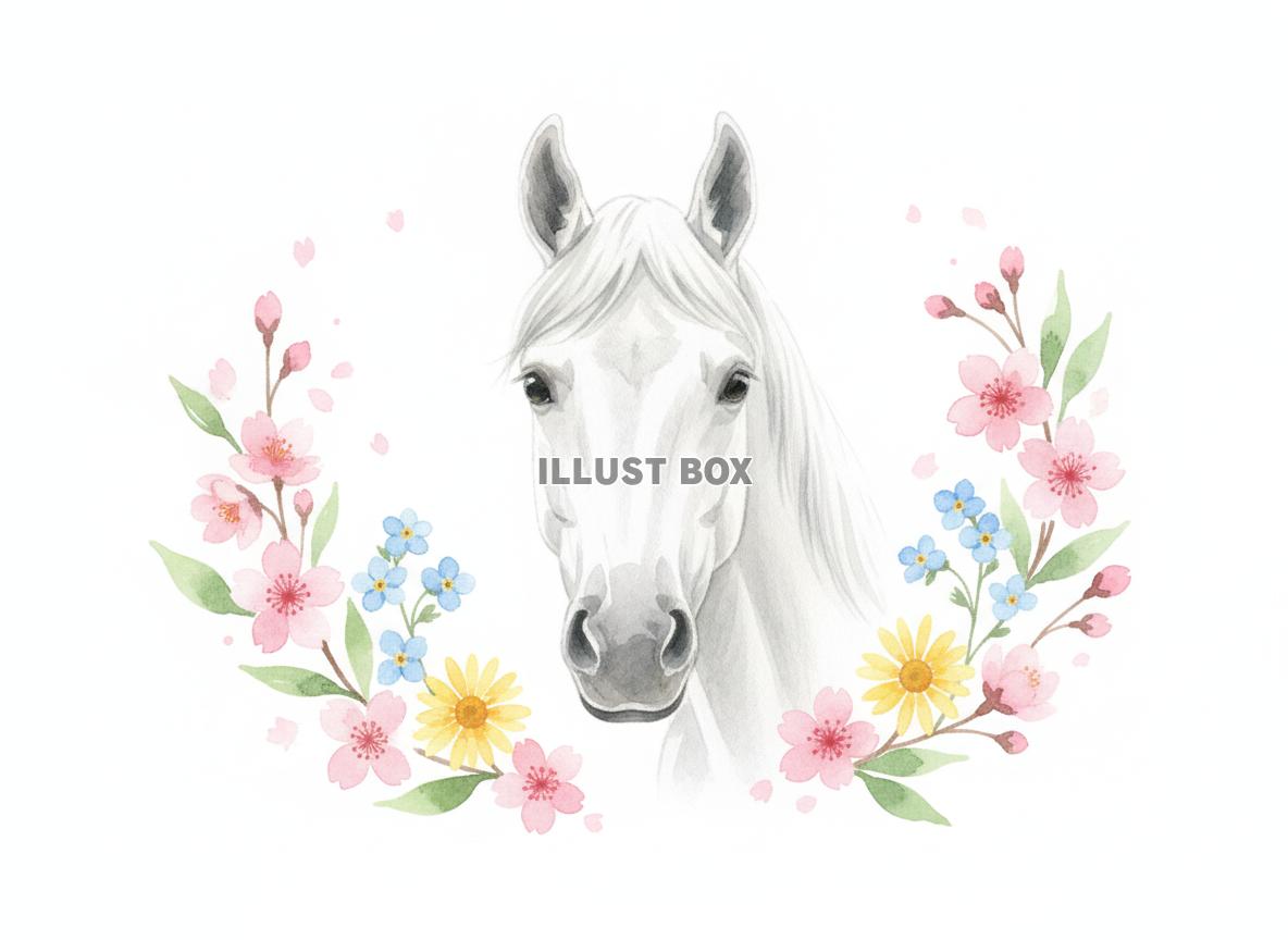 午年のイラスト 美しい白馬と桜や小花のリース風フレーム 水彩...