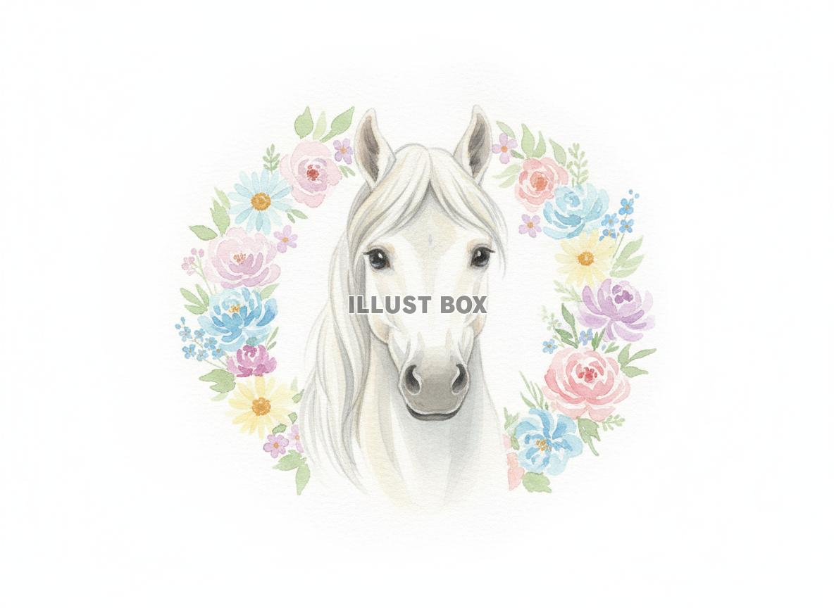 午年のイラスト 美しい白馬と桜や小花のリース風フレーム 水彩...