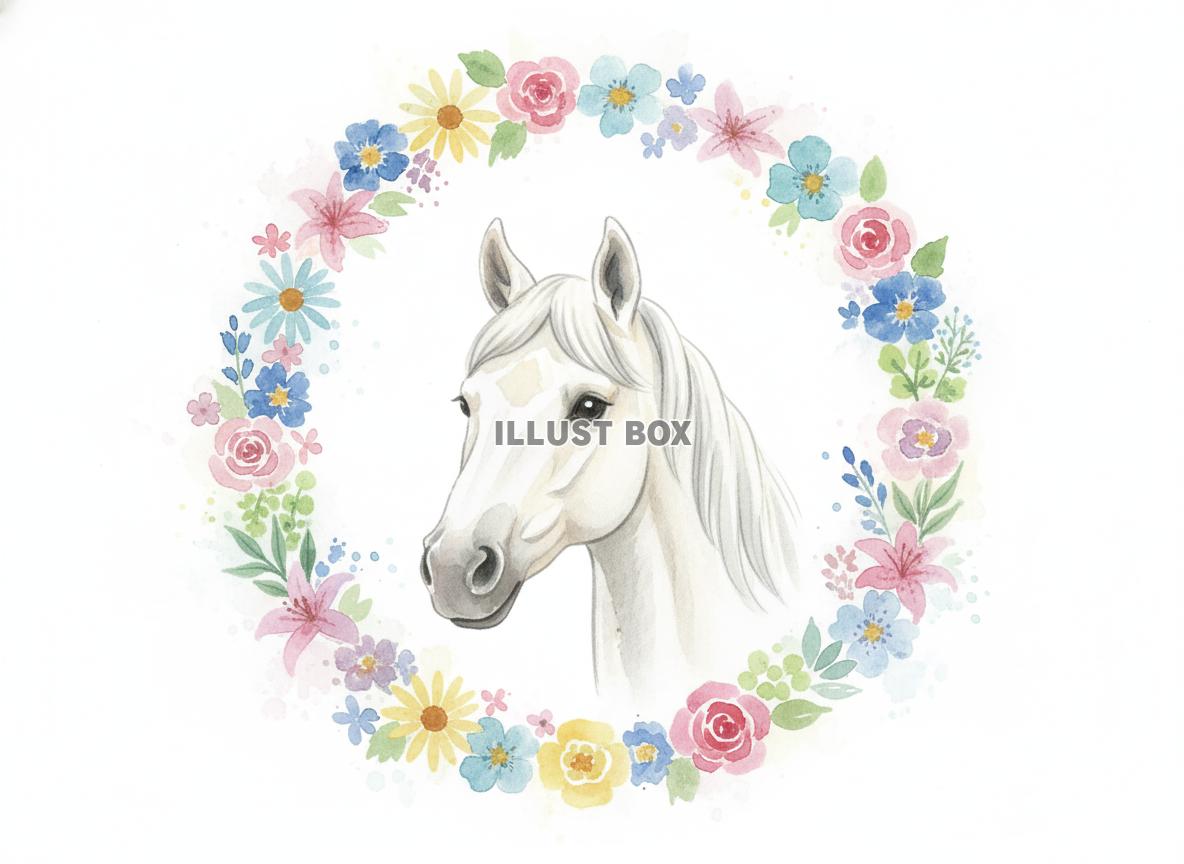 午年のイラスト 美しい白馬と桜や小花のリース風フレーム 水彩...