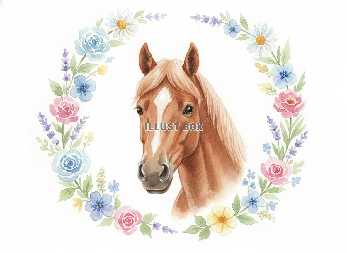 午年のイラスト 美しい栗毛色の馬と桜や小花のリース風フレーム...