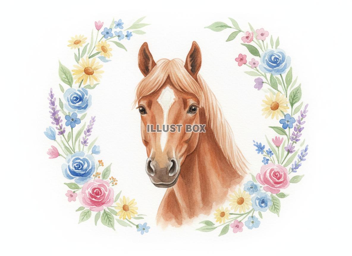 午年のイラスト 美しい栗毛色の馬と桜や小花のリース風フレーム...