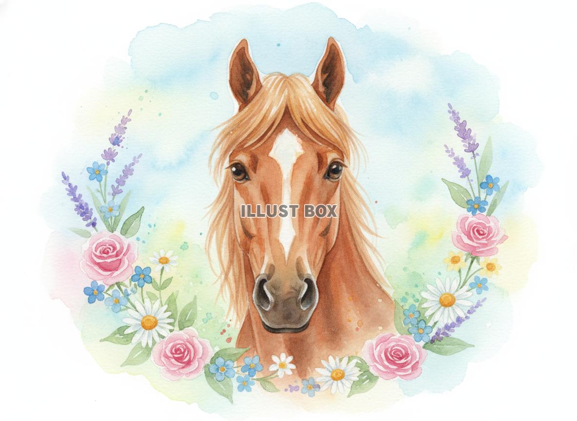 午年のイラスト 美しい栗毛色の馬と桜や小花のリース風フレーム...