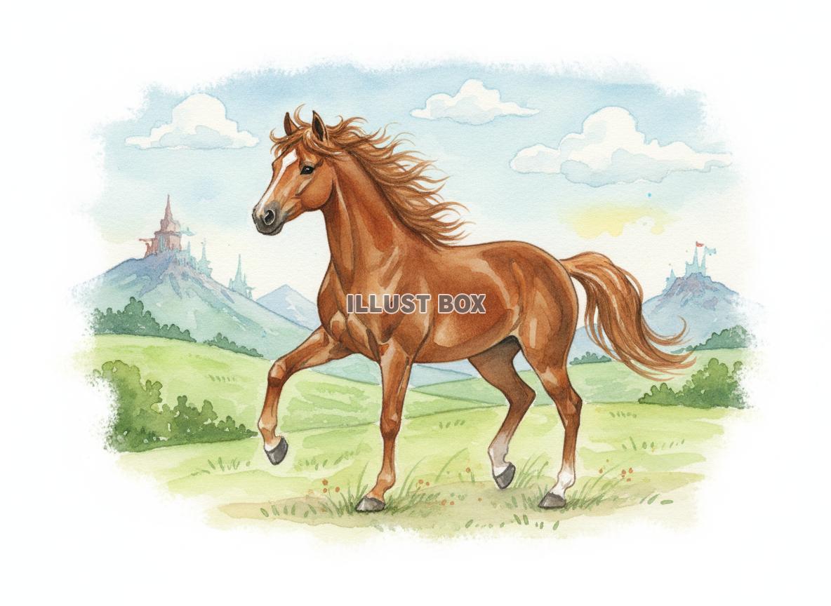 午年のイラスト たてがみをなびかせ丘を歩く茶色の馬とファンタ...