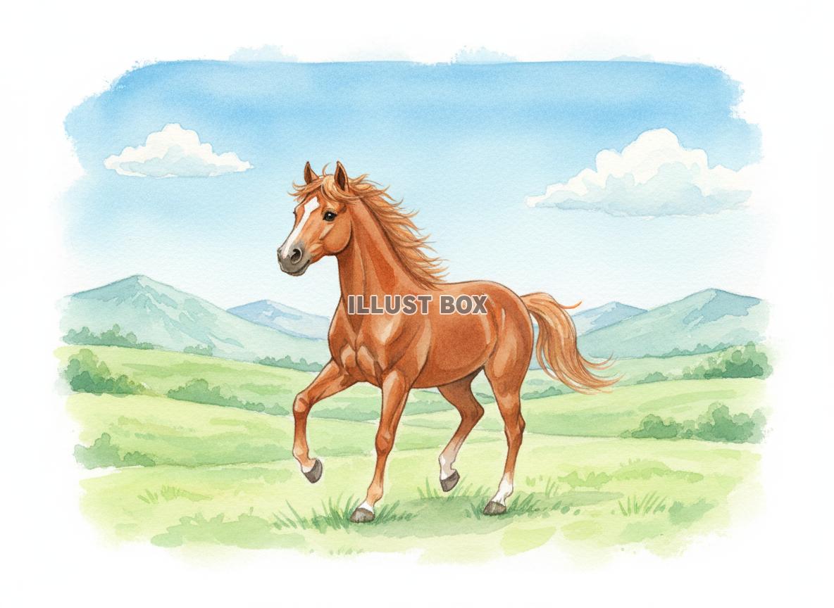午年のイラスト たてがみをなびかせ丘を歩く茶色の小馬とファン...