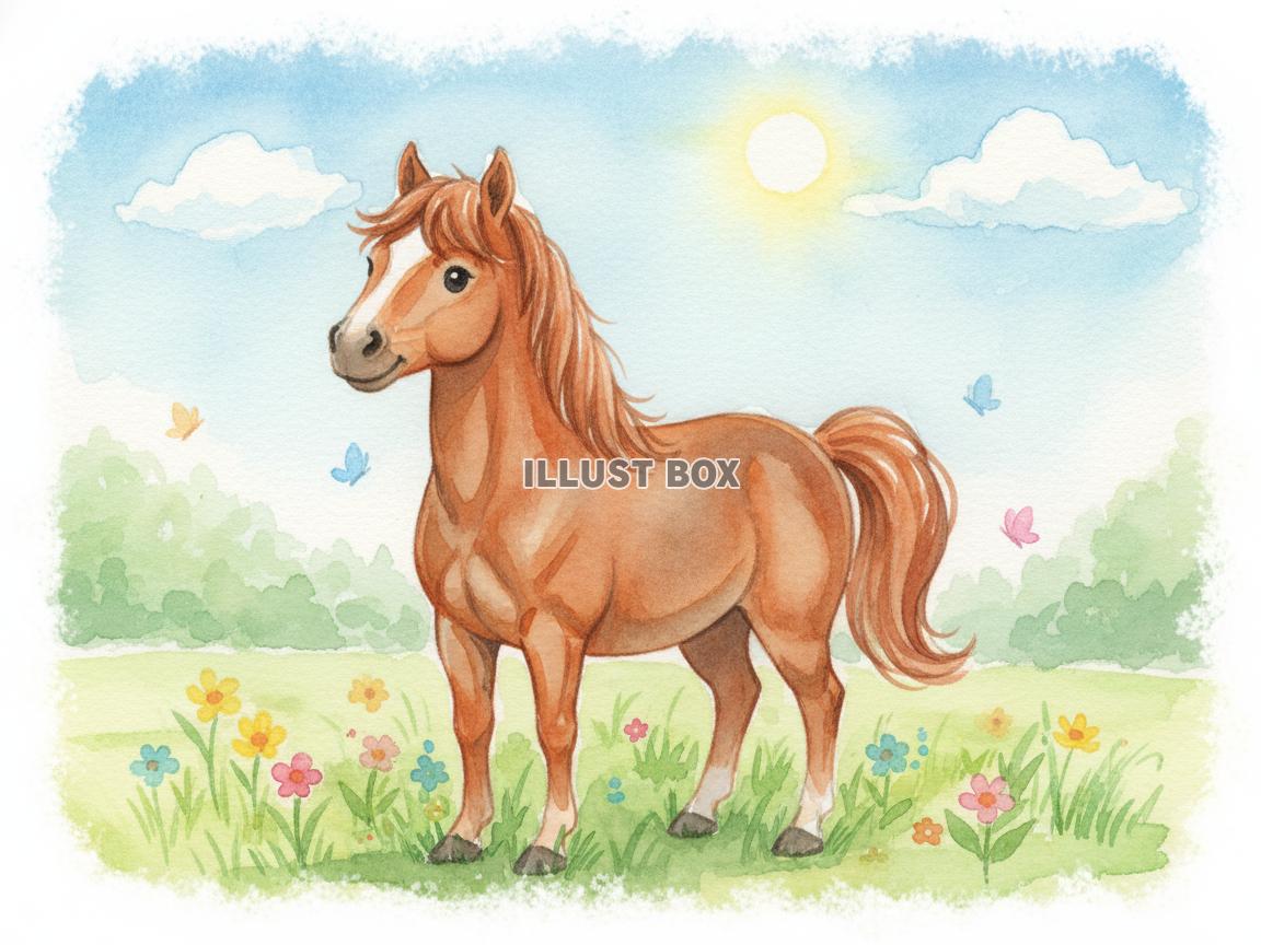午年のイラスト 丘を歩く茶色のぽっちゃりしたかわいい小馬とフ...