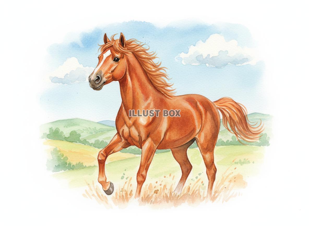 午年のイラスト たてがみをなびかせ丘を歩く茶色の馬のイラスト