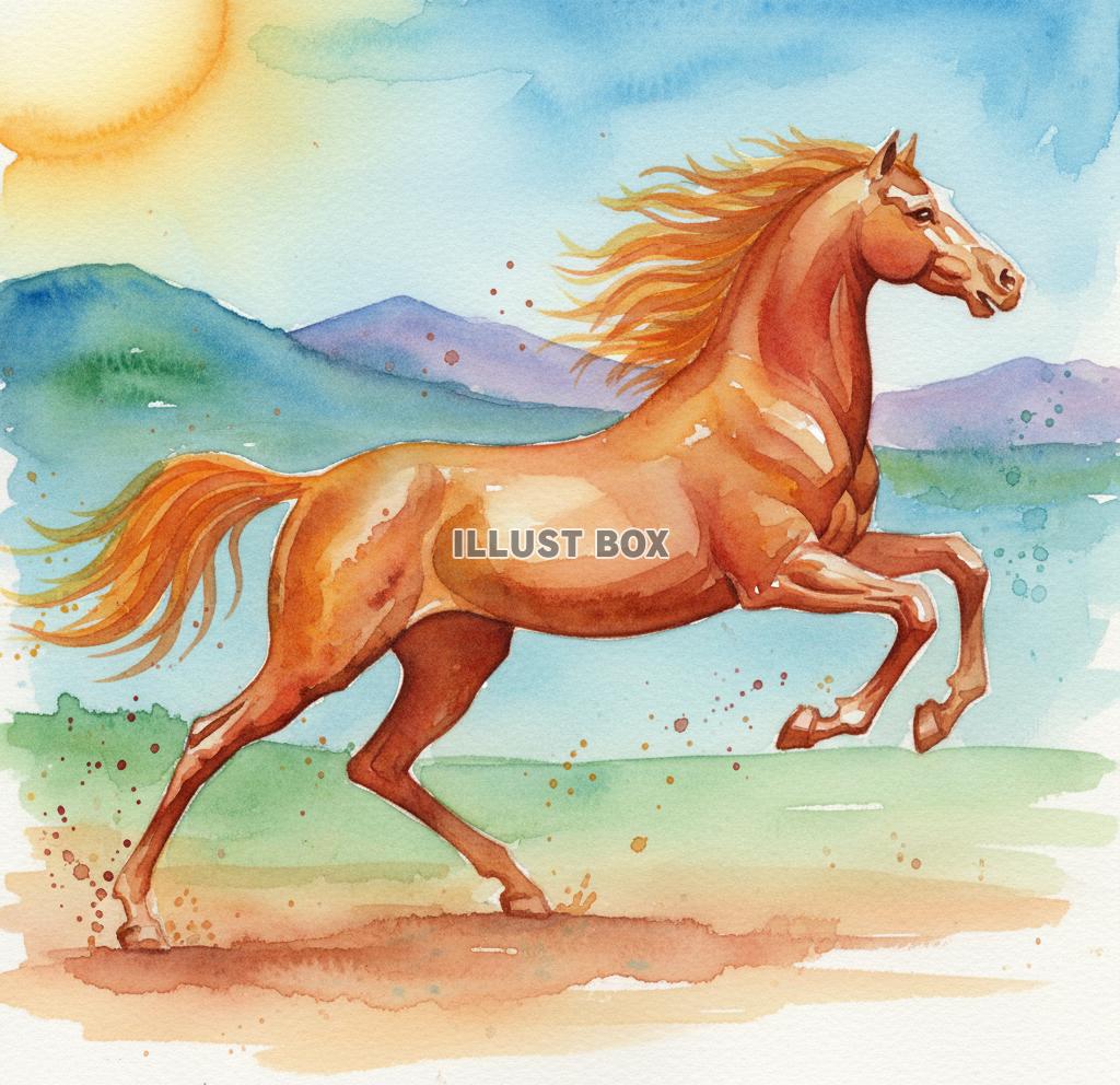 午年のイラスト たてがみをなびかせ丘を歩く茶色の馬のイラスト