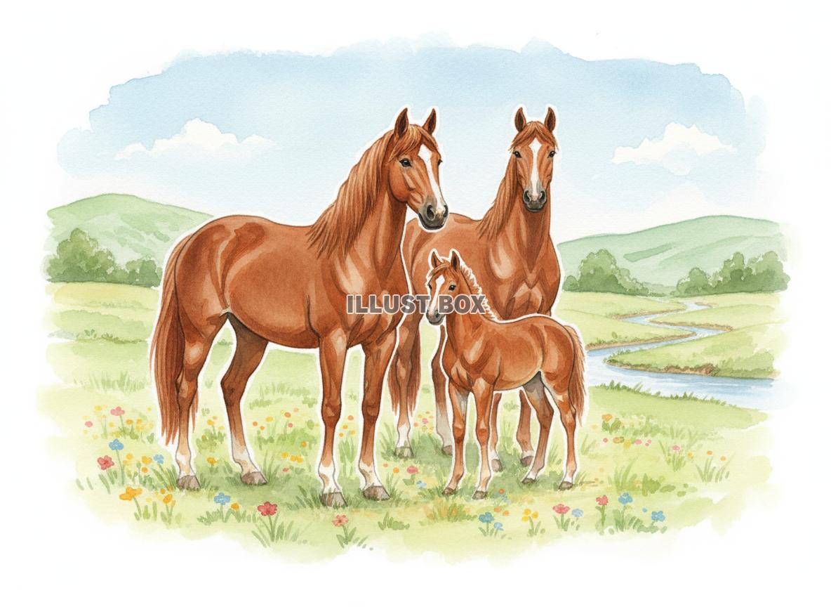 午年のイラスト 川の流れる草原に立つ親子馬(栗毛)の家族の水...
