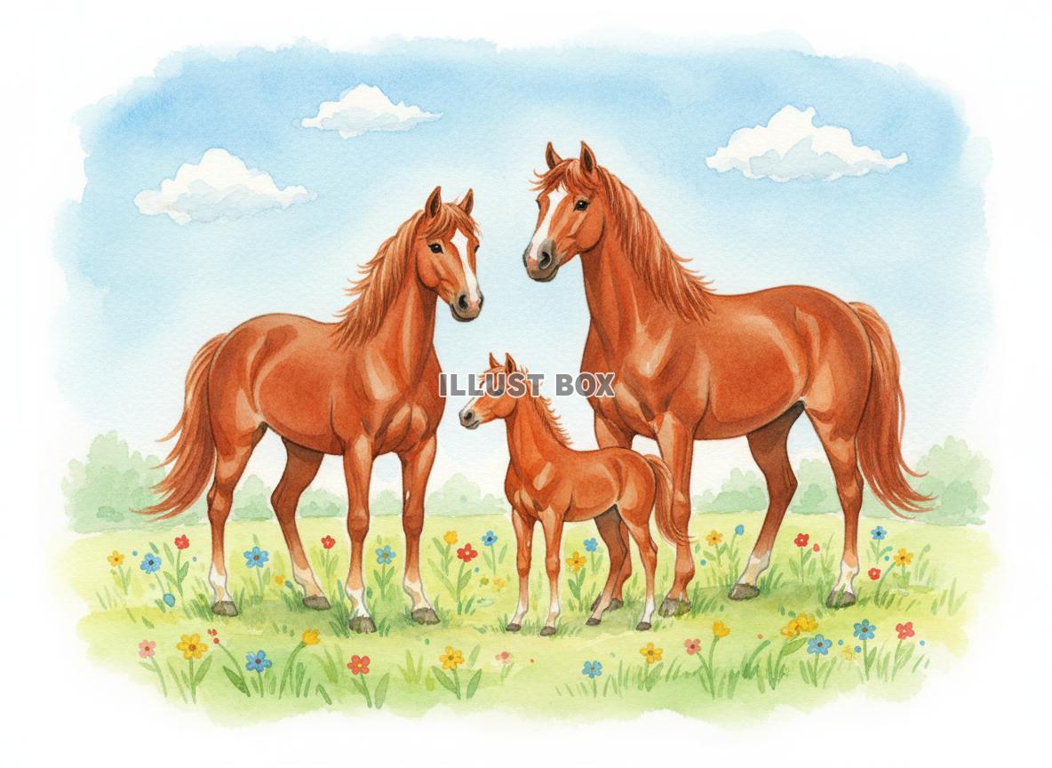 午年のイラスト 草原に立つ親子馬(栗毛)の家族の水彩イラスト