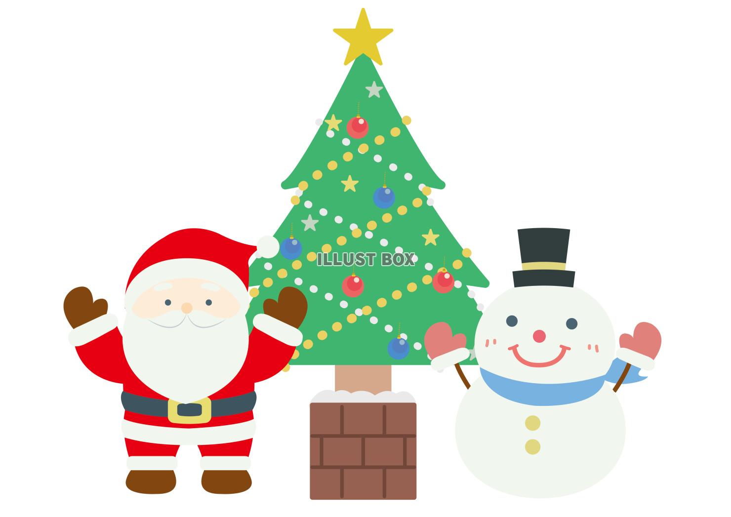 クリスマスツリーとサンタとスノーマンのイラスト