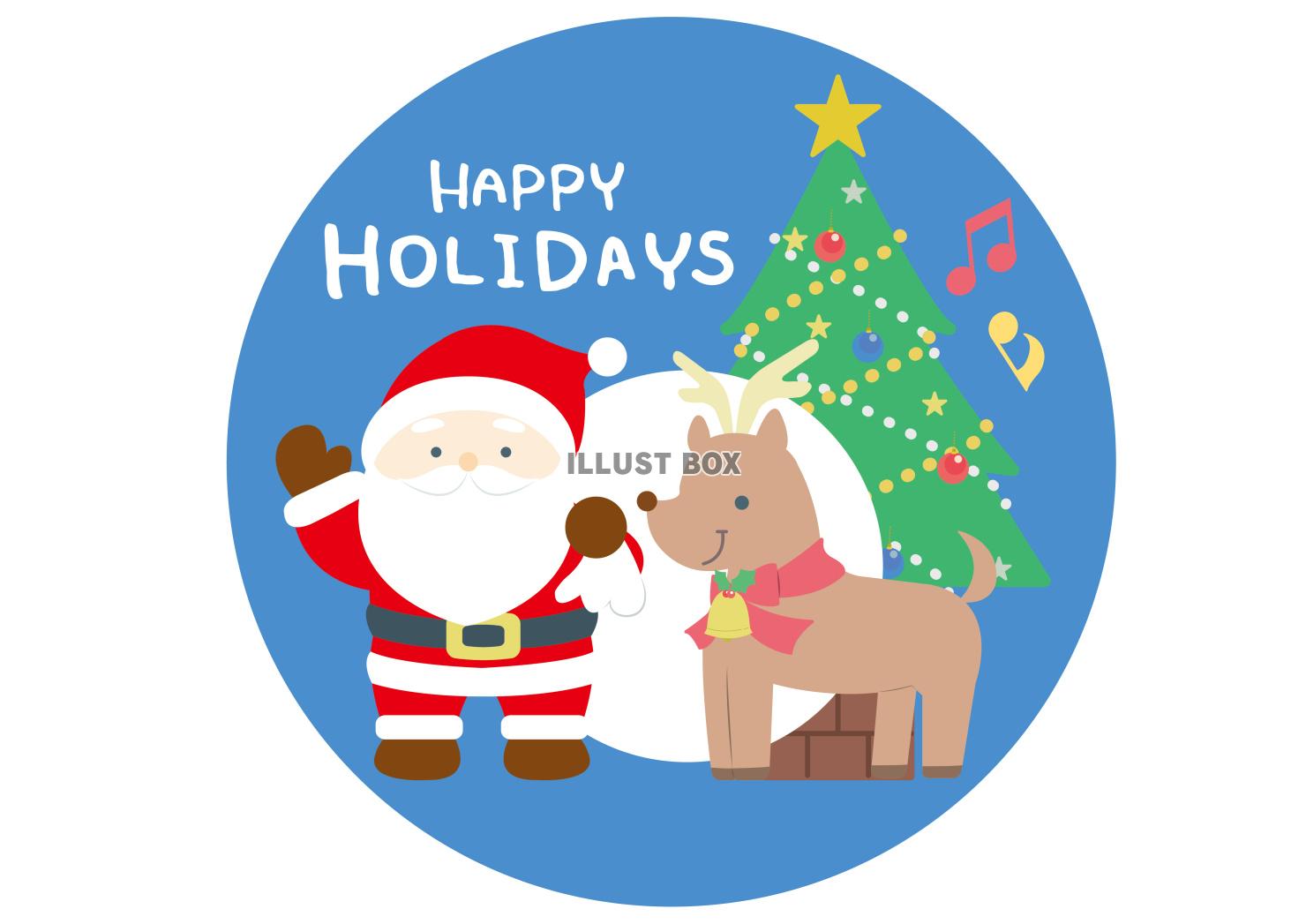 クリスマスツリーとサンタとトナカイの円形ステッカー風イラスト