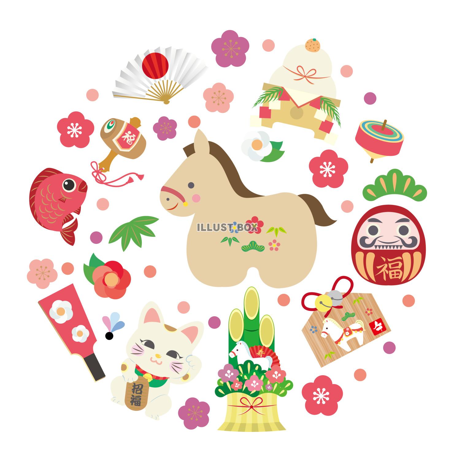 2026年円形の縁起物いっぱいの午年の馬イラスト