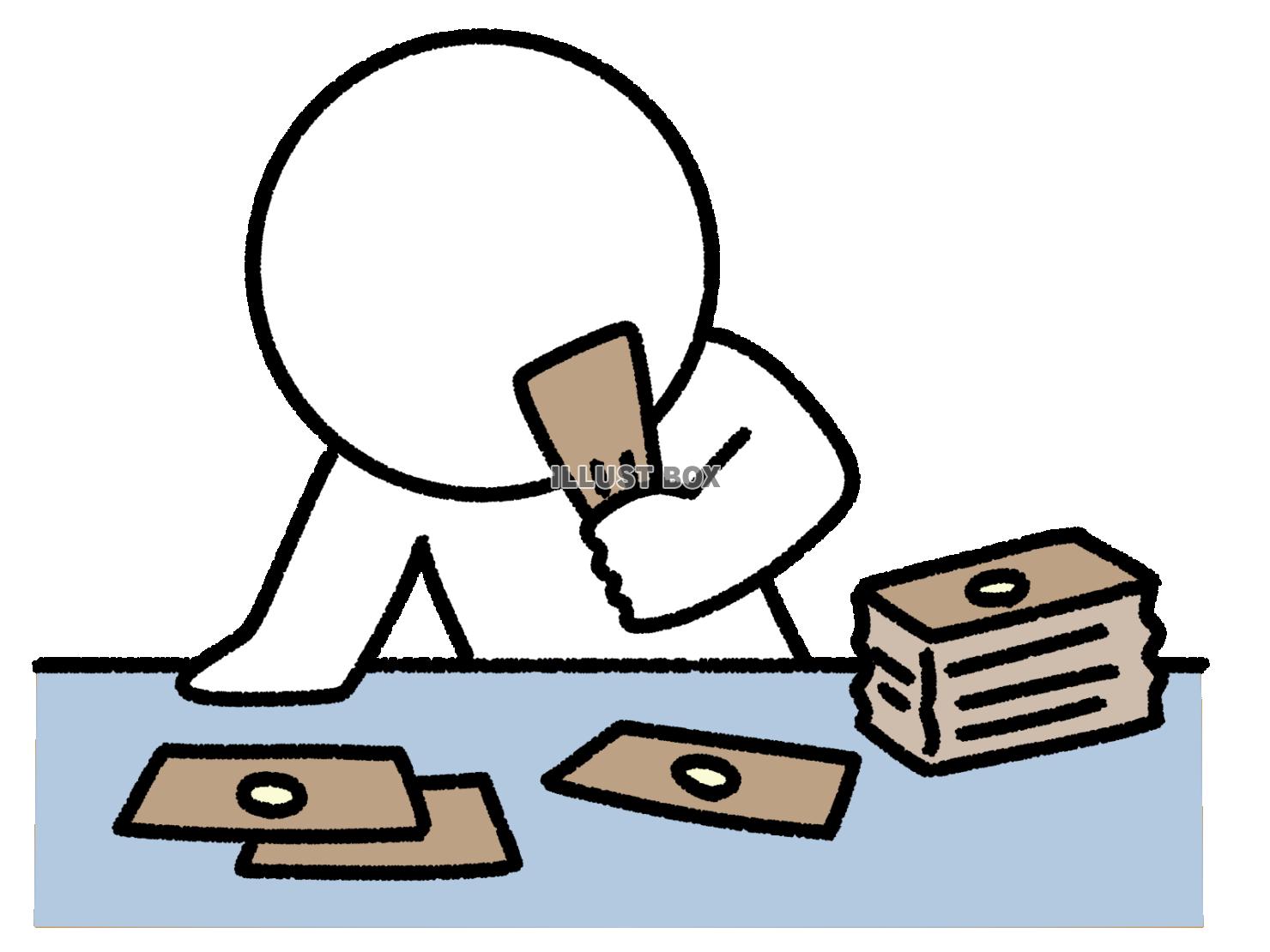 机の上のお金を見る棒人間