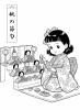 老人ホーム・介護施設用の昭和レトロな着物姿の女の子とお雛様の塗り絵素材・お正月や和風の子供向けコンテンツに