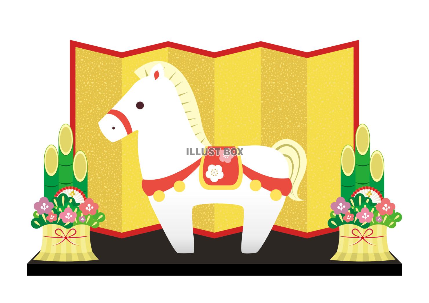 2026年年賀状素材金屏風の前の和風の白馬の置物