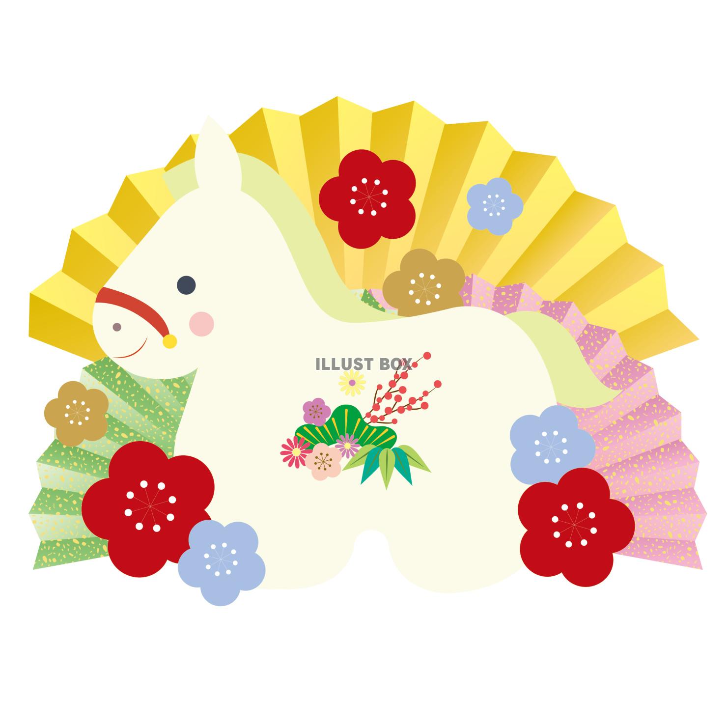 2026年午年年賀状イラスト 華やかな扇子背景の馬の置物