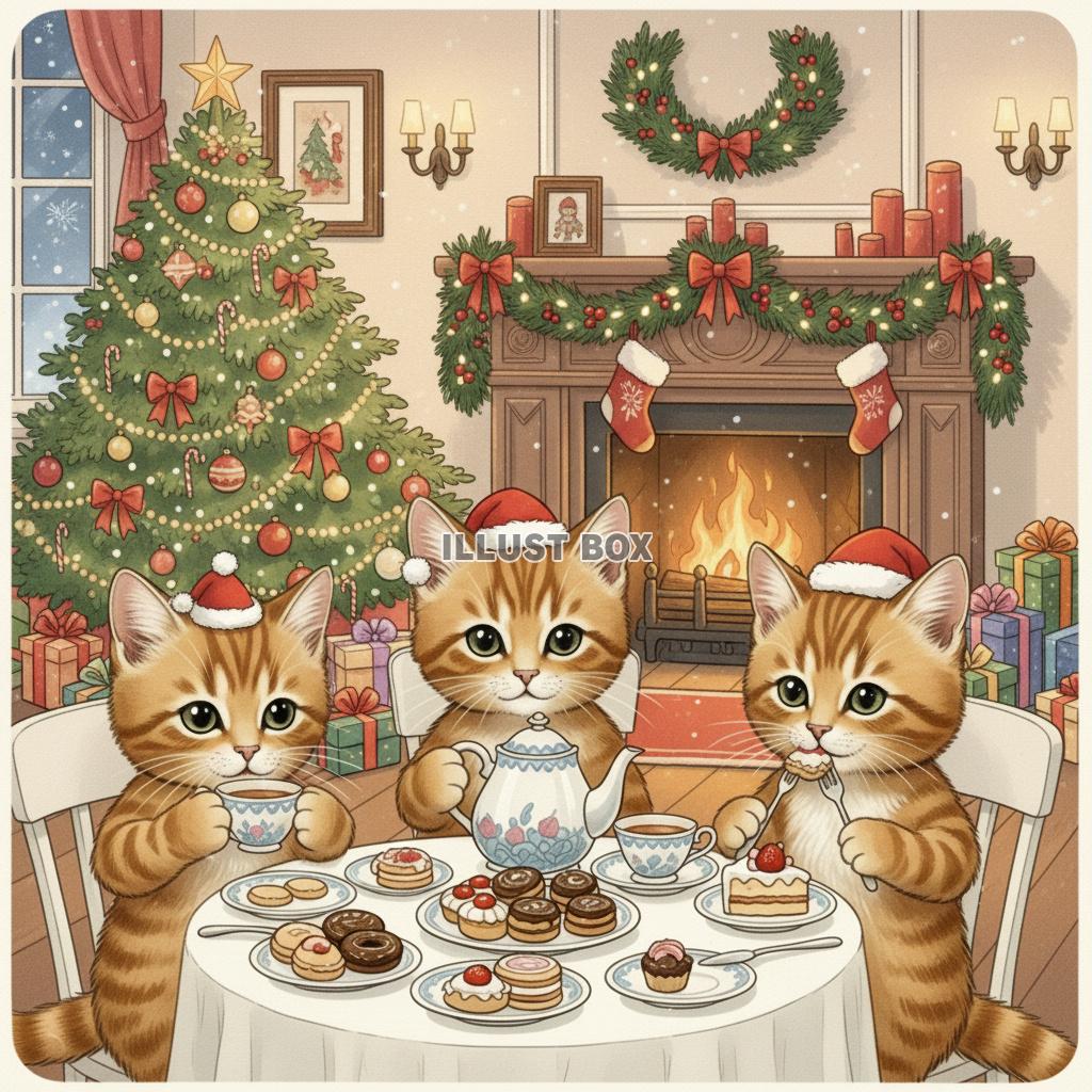 暖炉のある部屋でクリスマスパーティーを楽しむ子猫たち