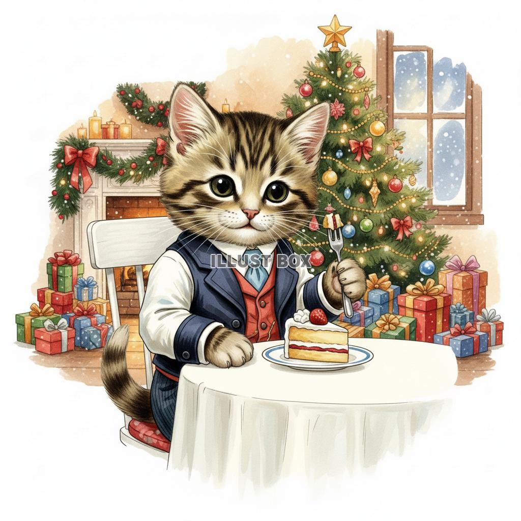 クリスマスの豪華な装飾とプレゼントに囲まれケーキを食べるタキ...
