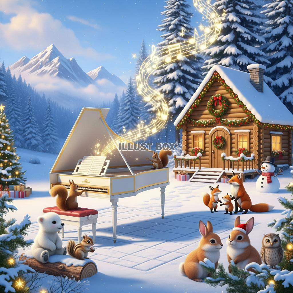 雪山のロッジ前でグランドピアノの演奏を楽しむ森の動物たちのク...