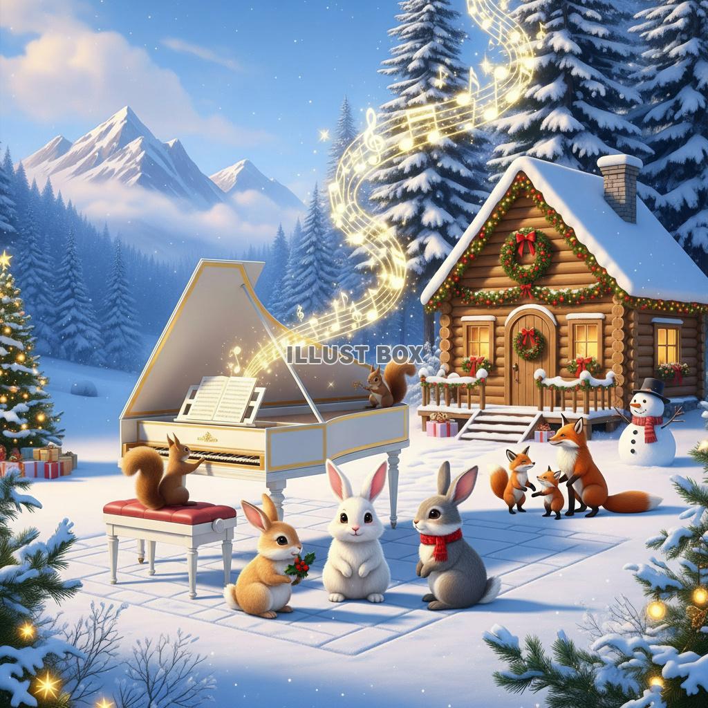 雪山のロッジ前でグランドピアノの演奏を楽しむ森の動物たちのク...