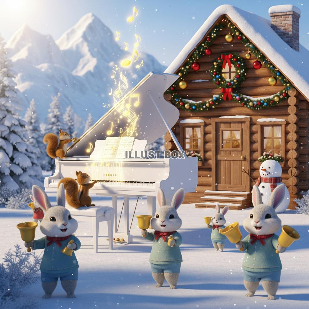 雪山のロッジ前でグランドピアノの演奏を楽しむ森の動物たちのク...