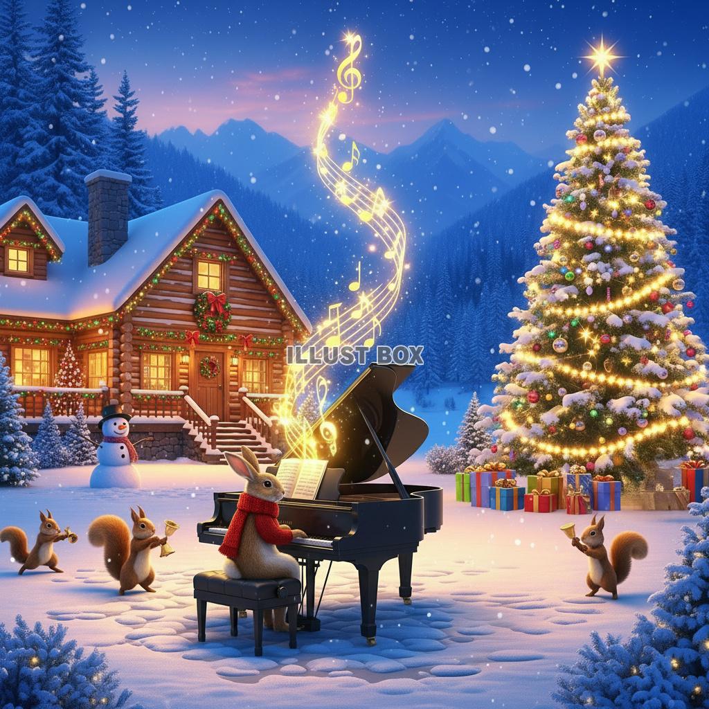 雪のロッジとツリーの前でグランドピアノを演奏するウサギと森の...