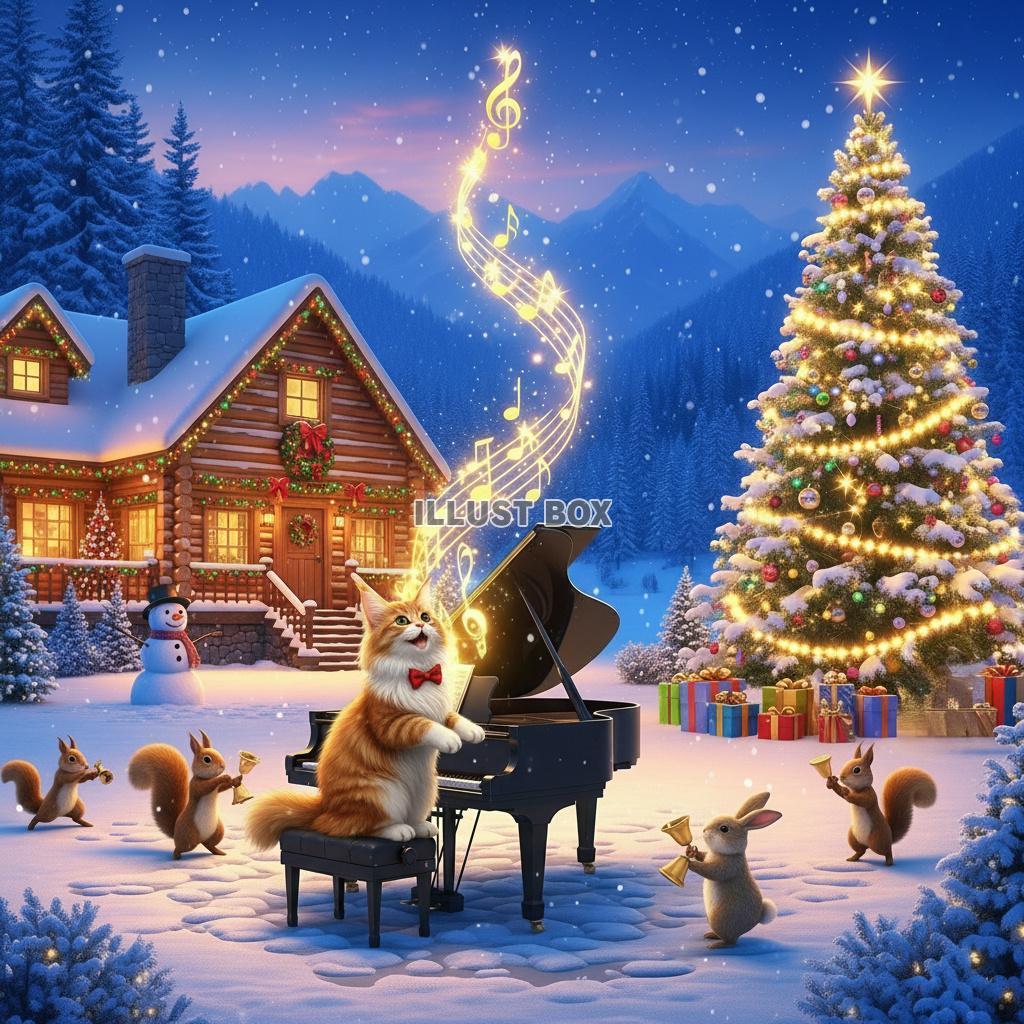 雪のロッジとツリーの前でグランドピアノを演奏する猫と森の動物...