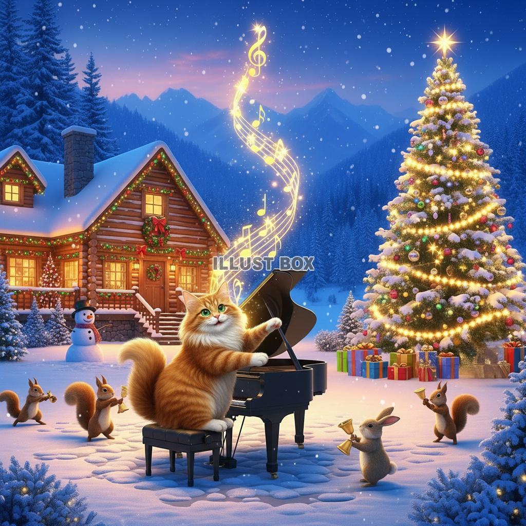 雪のロッジとツリーの前でグランドピアノを演奏する猫と森の動物...