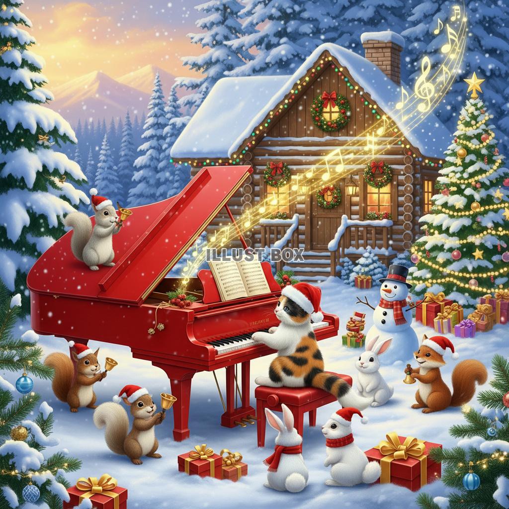 雪のロッジとツリーの前でグランドピアノを演奏する三毛猫と森の...