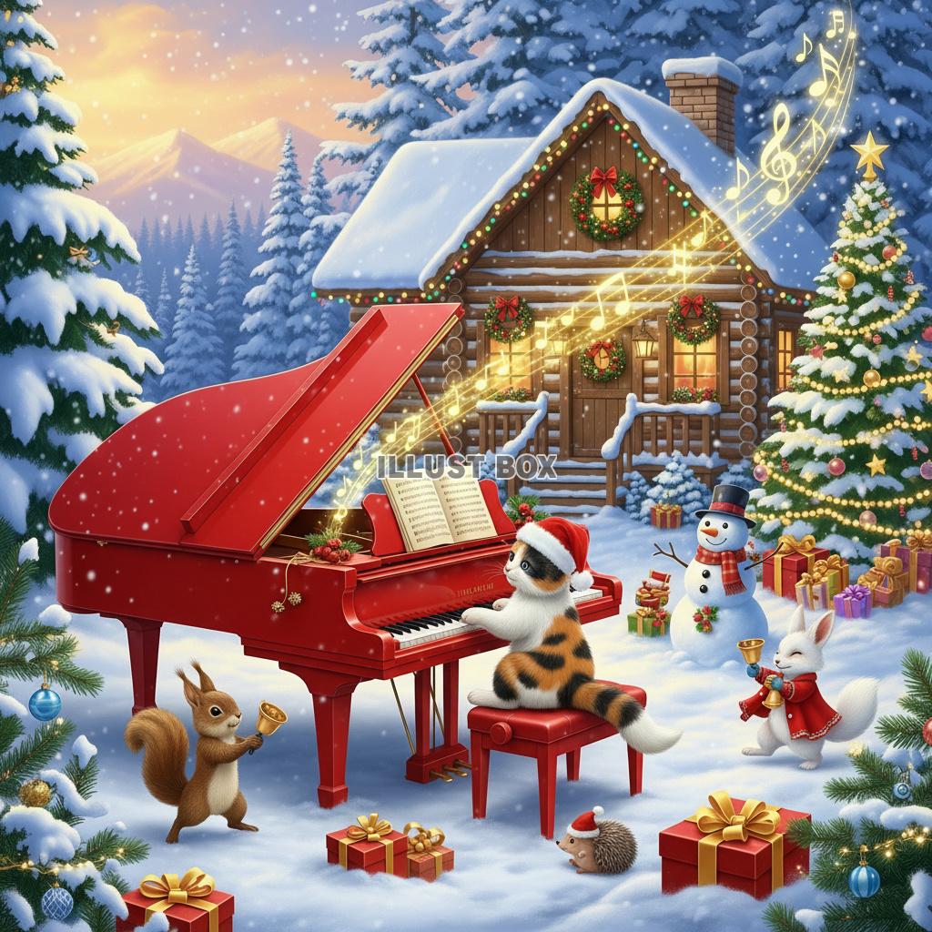 雪のロッジとツリーの前でグランドピアノを演奏する三毛猫と森の...