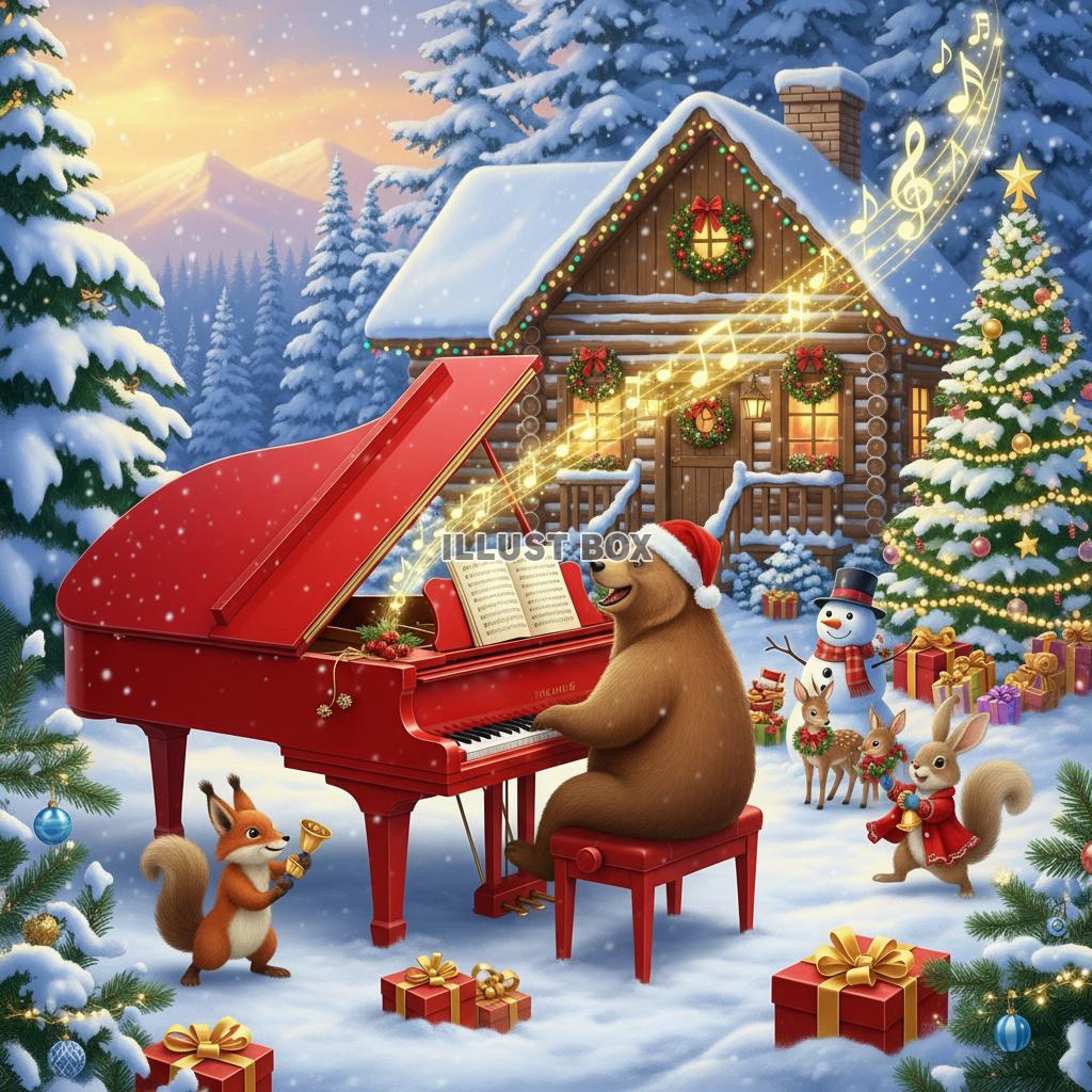 雪のロッジとツリーの前でグランドピアノを演奏するくまと森の動...