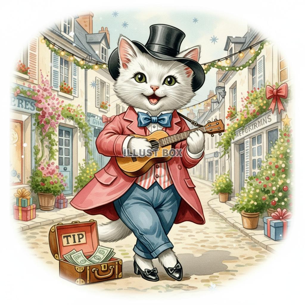 シルクハットとタキシード姿の猫がウクレレを演奏するヨーロッパ...