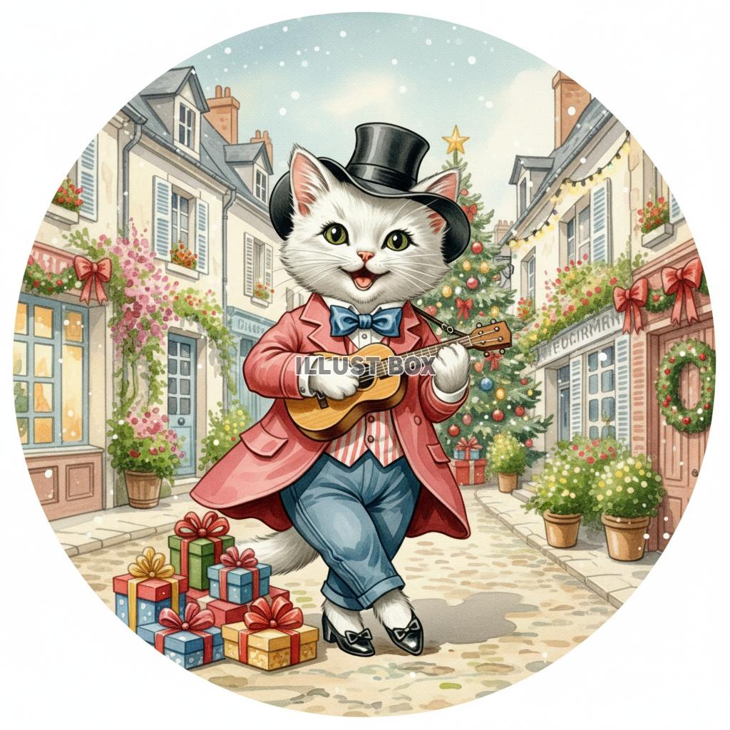 シルクハットとタキシード姿の猫がウクレレを演奏するヨーロッパ...