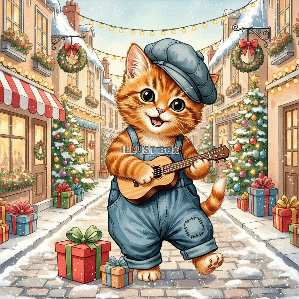 雪が積もるクリスマスの街角でギターを弾きながら歩くオーバーオ...