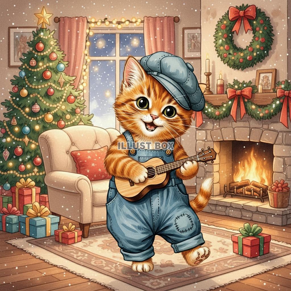 雪が積もるクリスマスの街角でギターを弾きながら歩くオーバーオ...