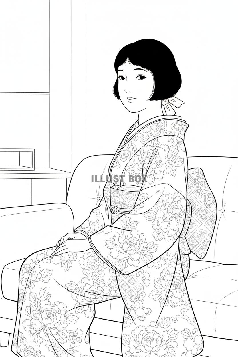 和装のボブヘア女性がソファに座る大正ロマン風のモダンな線画イ...