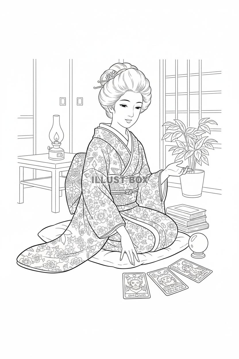 和室で着物女性が水晶玉とタロットのようなカードで占う線画イラ...