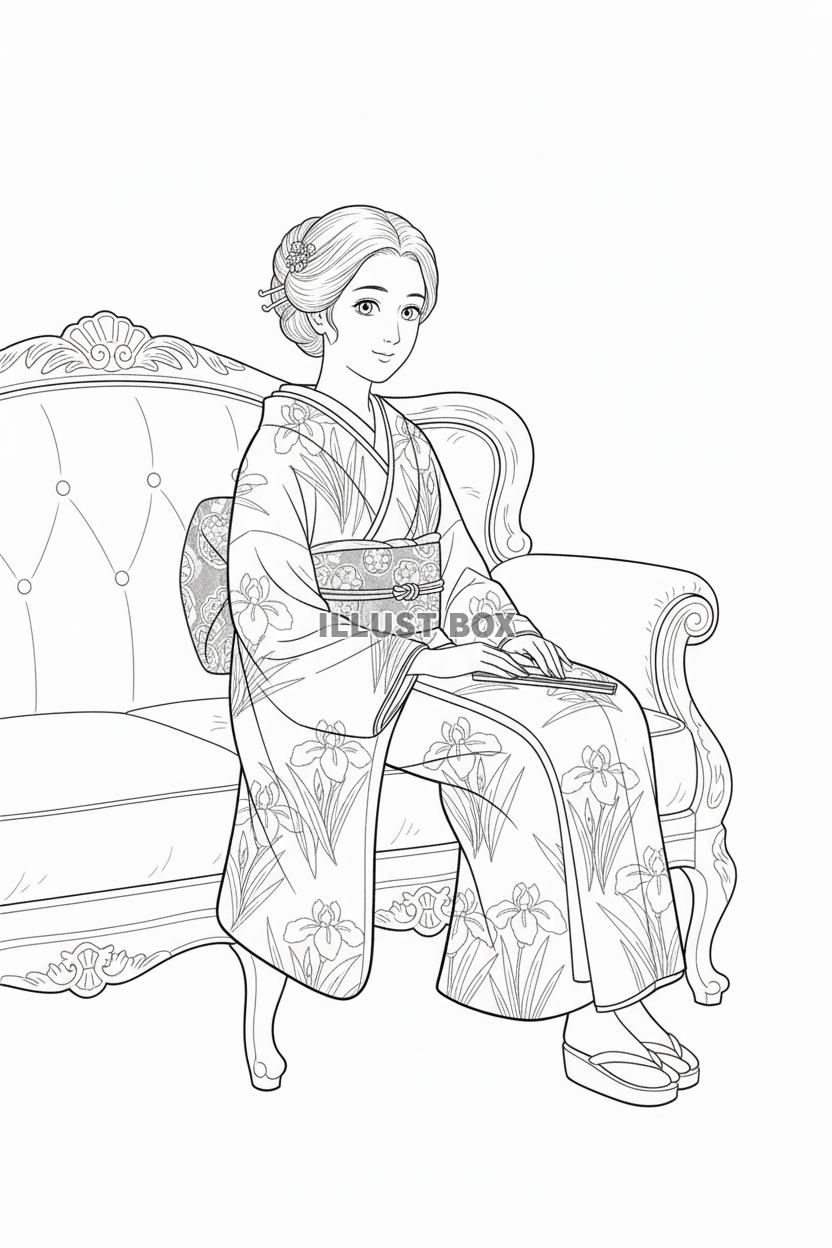 洋風ソファに浅く腰掛け扇子を持つ美しい着物女性の線画イラスト...