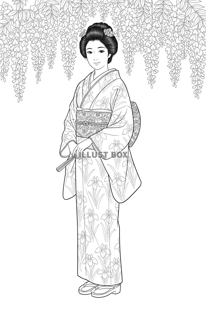 垂れ下がる藤の花の下に立つ和装女性の優美な全身線画イラスト　...