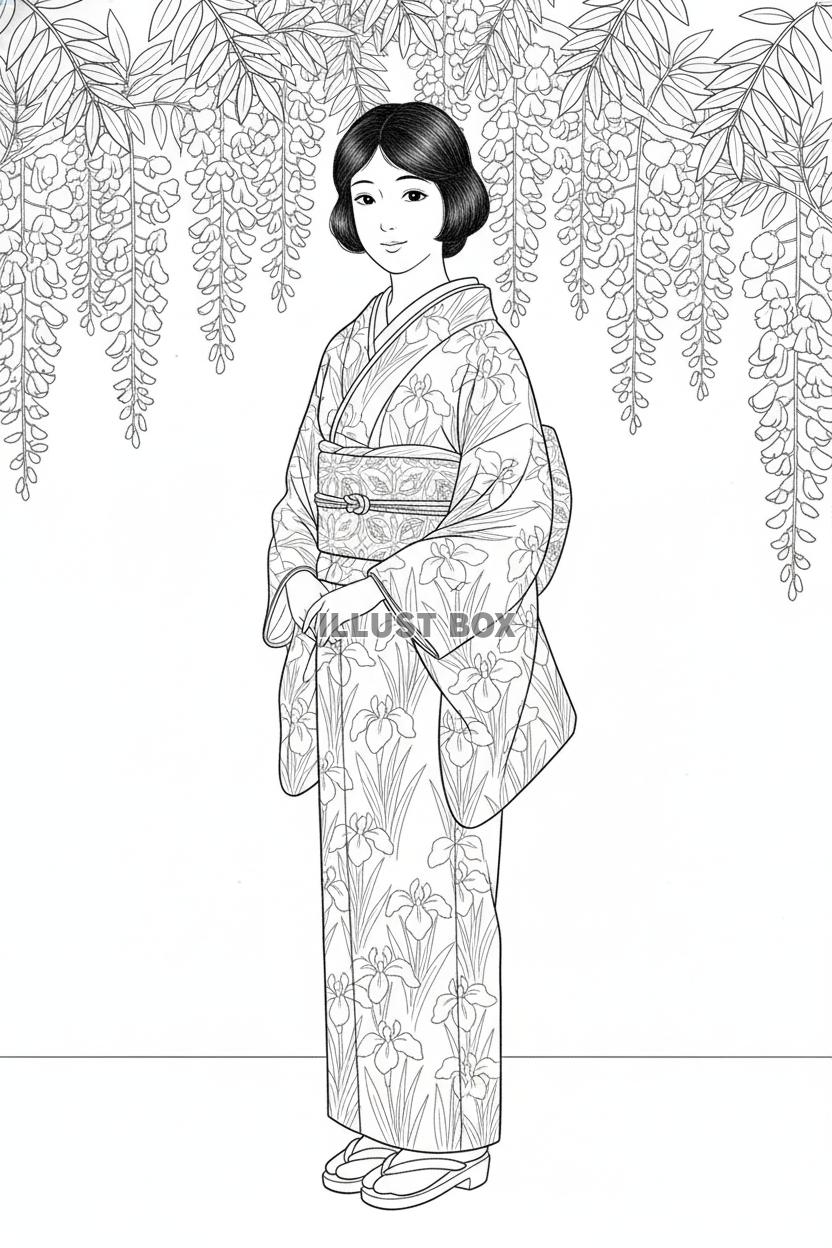 垂れ下がる藤の花の下に立つ和装女性の優美な全身線画イラスト　...