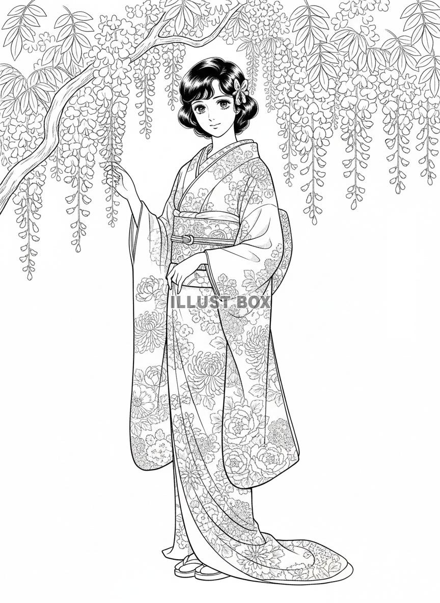 垂れ下がる藤の花の下に立つ和装女性の優美な全身線画イラスト　...