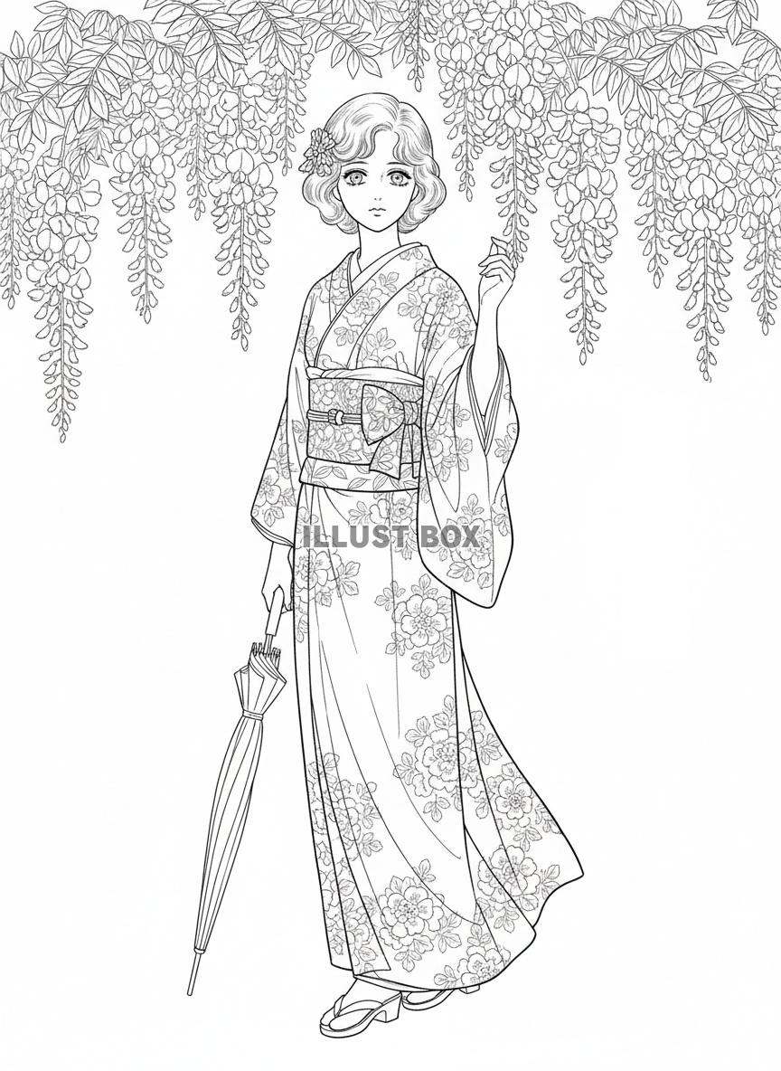 垂れ下がる藤の花の下に立つ和装女性の優美な全身線画イラスト　...