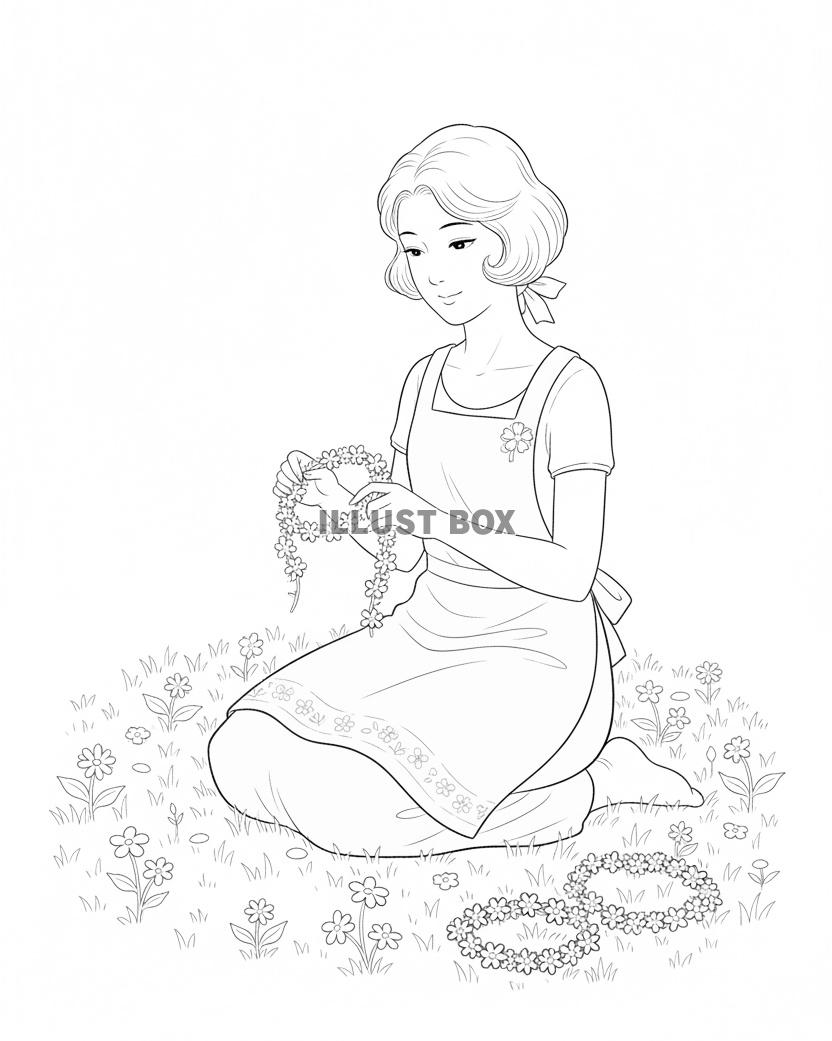 野原に座り小さな花を繋げて花冠を編むエプロン姿の女性の線画　...
