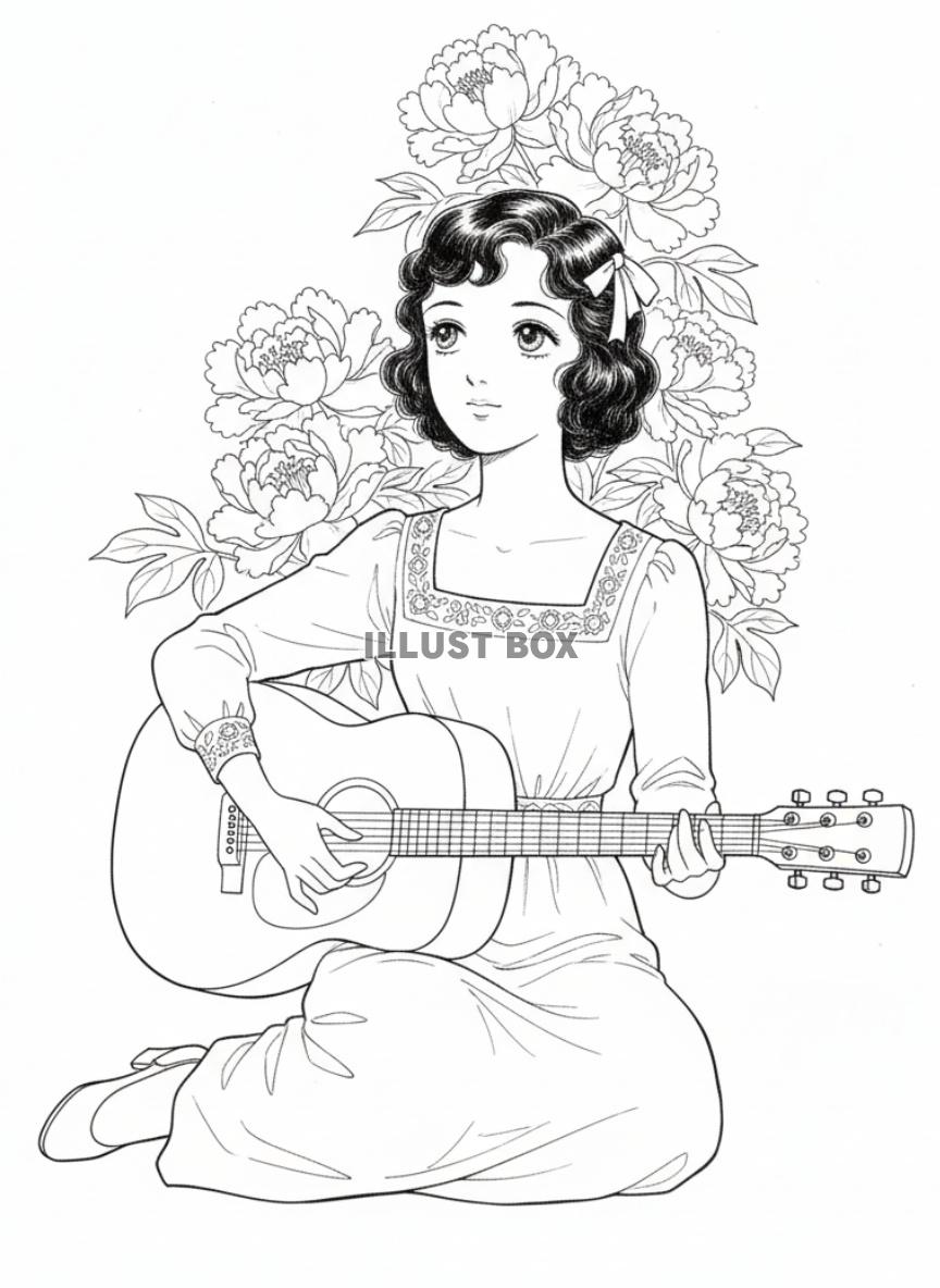 牡丹の花を背景にアコースティックギターを抱えて座るレトロな女...