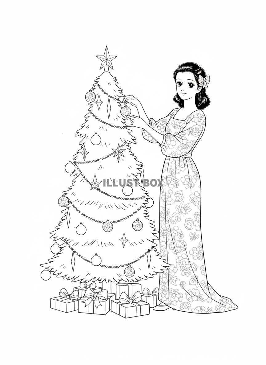 花柄ドレスの女性がプレゼントに囲まれた大きなクリスマスツリー...