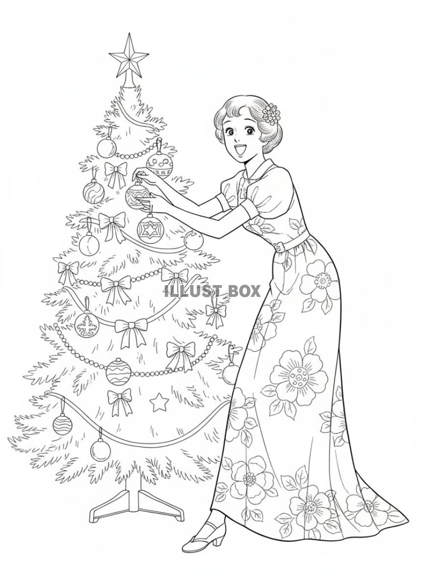 花柄ドレスの女性が大きなクリスマスツリーを飾り付けレトロな女...