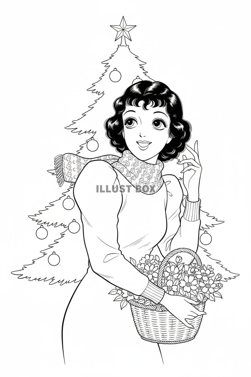 花かごを持ち微笑むレトロな女性とオーナメントで飾られたクリス...